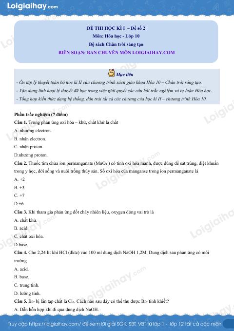 Đề thi học kì 2 Hóa 10 Chân trời sáng tạo - Đề 2